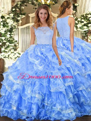 Organza Scoop Sleeveless Clasp Handle Lace and Ruffled Layers Quince Ball Gowns in Light Blue