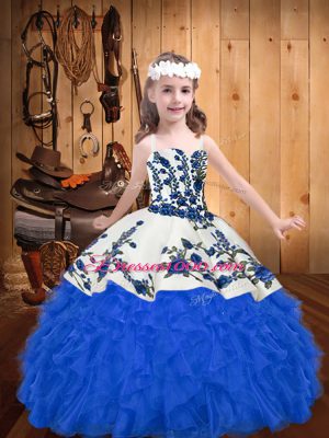 Modern Sleeveless Floor Length Embroidery and Ruffles Lace Up Pageant Gowns with Blue