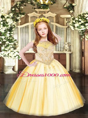 Simple Gold Ball Gowns Scoop Sleeveless Tulle Floor Length Zipper Beading and Appliques Child Pageant Dress