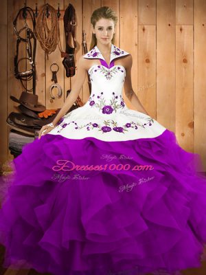 Popular Purple Vestidos de Quinceanera Military Ball and Sweet 16 and Quinceanera with Embroidery and Ruffles Halter Top Sleeveless Lace Up
