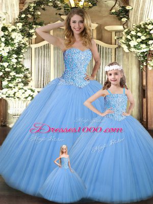 Elegant Sleeveless Floor Length Beading Lace Up Ball Gown Prom Dress with Baby Blue
