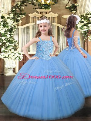 Elegant Sleeveless Floor Length Beading Lace Up Ball Gown Prom Dress with Baby Blue