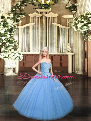 Elegant Sleeveless Floor Length Beading Lace Up Ball Gown Prom Dress with Baby Blue