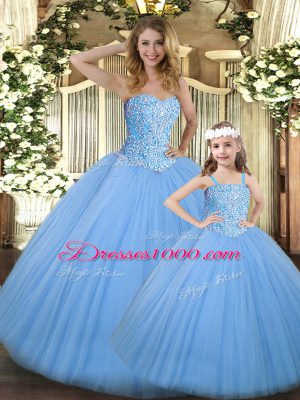Elegant Sleeveless Floor Length Beading Lace Up Ball Gown Prom Dress with Baby Blue