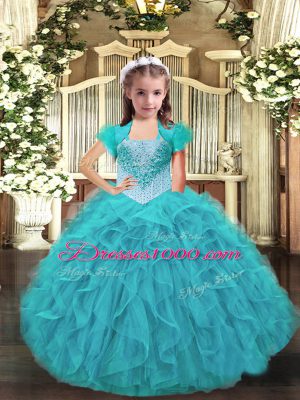 Unique Aqua Blue Ball Gowns Ruffles Party Dress Wholesale Lace Up Organza Sleeveless Floor Length