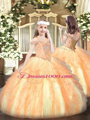 Sleeveless Floor Length Beading and Ruffles Lace Up Little Girl Pageant Gowns with Orange