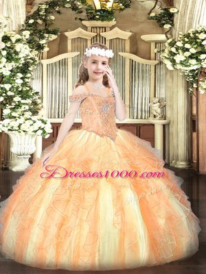 Sleeveless Floor Length Beading and Ruffles Lace Up Little Girl Pageant Gowns with Orange