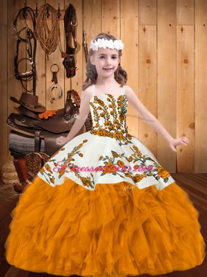 Gold Organza Zipper Little Girls Pageant Gowns Sleeveless Floor Length Embroidery and Ruffles