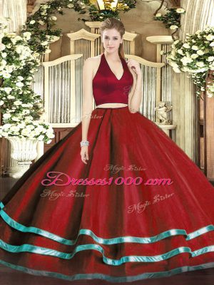 Suitable Floor Length Zipper Quinceanera Dresses Wine Red for Military Ball and Sweet 16 and Quinceanera with Ruffled Layers