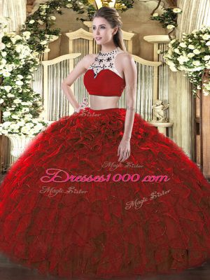 Captivating Wine Red Sleeveless Floor Length Beading and Ruffles Backless Sweet 16 Dress