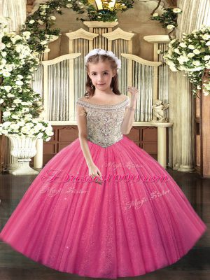 Off The Shoulder Sleeveless Lace Up Little Girls Pageant Dress Wholesale Hot Pink Tulle