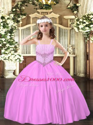 Floor Length Lace Up Pageant Gowns For Girls Lilac for Party and Quinceanera with Beading