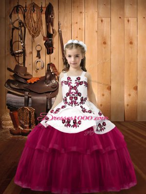 Fuchsia Ball Gowns Embroidery Glitz Pageant Dress Lace Up Tulle Sleeveless Floor Length
