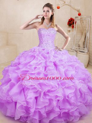 Beading and Ruffles Quinceanera Gown Lilac Lace Up Sleeveless Floor Length