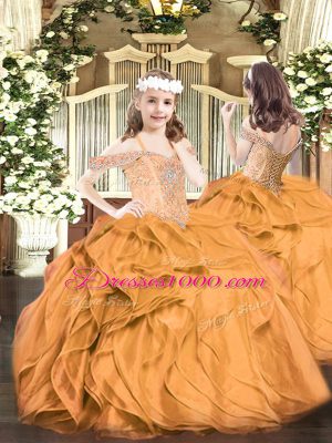 Decent Orange Red Organza Lace Up Off The Shoulder Sleeveless Floor Length 15th Birthday Dress Beading and Ruffles