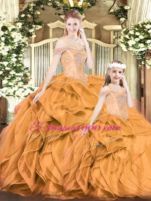 Decent Orange Red Organza Lace Up Off The Shoulder Sleeveless Floor Length 15th Birthday Dress Beading and Ruffles