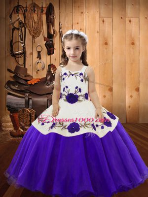 Customized Sleeveless Organza Floor Length Lace Up Little Girls Pageant Gowns in Purple with Embroidery