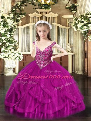 Tulle Sleeveless Floor Length Pageant Dress and Beading and Ruffles