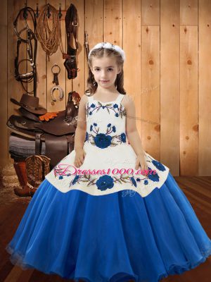 Customized Blue Straps Lace Up Embroidery Juniors Party Dress Sleeveless