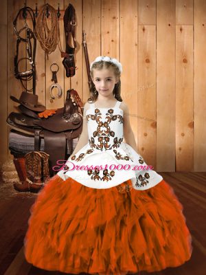New Arrival Orange Red Ball Gowns Straps Sleeveless Organza Floor Length Lace Up Embroidery and Ruffles Pageant Dress for Girls