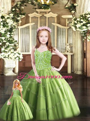 Customized Sweetheart Sleeveless Quinceanera Gown Floor Length Beading Olive Green Tulle