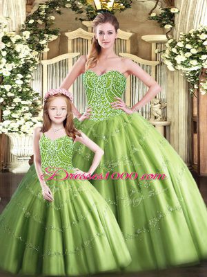 Customized Sweetheart Sleeveless Quinceanera Gown Floor Length Beading Olive Green Tulle