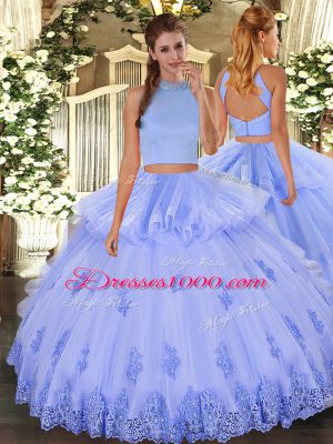 Floor Length Backless 15 Quinceanera Dress Light Blue for Military Ball and Sweet 16 with Beading and Appliques and Ruffles