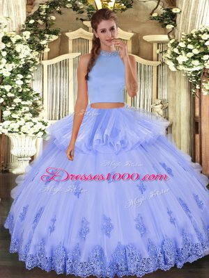 Floor Length Backless 15 Quinceanera Dress Light Blue for Military Ball and Sweet 16 with Beading and Appliques and Ruffles