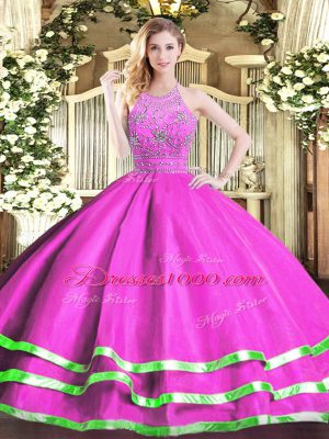 Sleeveless Tulle Floor Length Zipper Ball Gown Prom Dress in Fuchsia with Beading