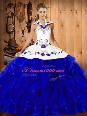 Fashion Floor Length Ball Gowns Sleeveless Blue And White Quinceanera Gowns Lace Up