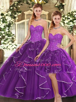 Popular Sleeveless Floor Length Beading and Ruffles Lace Up Quinceanera Dress with Eggplant Purple