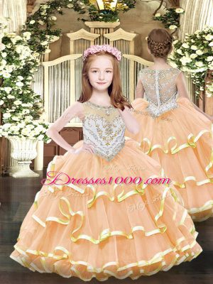 Scoop Sleeveless Sweet 16 Dresses Floor Length Beading and Ruffles Peach Tulle