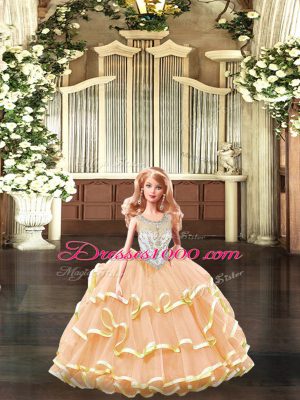 Scoop Sleeveless Sweet 16 Dresses Floor Length Beading and Ruffles Peach Tulle