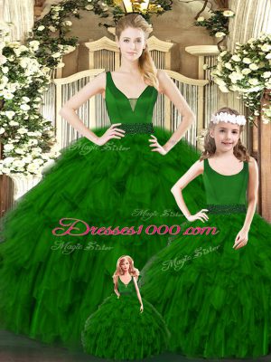 Floor Length Green Sweet 16 Quinceanera Dress V-neck Sleeveless Zipper