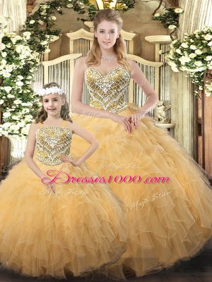 Floor Length Champagne Sweet 16 Dresses Organza Sleeveless Beading and Ruffles