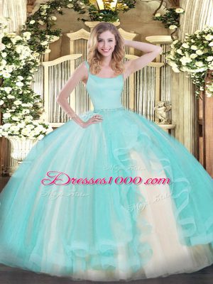 Fantastic Aqua Blue Zipper Straps Beading 15th Birthday Dress Tulle Sleeveless