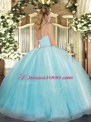 Fantastic Aqua Blue Zipper Straps Beading 15th Birthday Dress Tulle Sleeveless