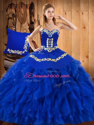 Eye-catching Blue Sleeveless Satin and Organza Lace Up Quince Ball Gowns for Military Ball and Sweet 16 and Quinceanera