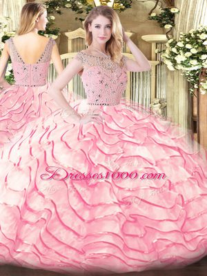 Gorgeous Baby Pink Bateau Zipper Beading and Ruffled Layers Ball Gown Prom Dress Sweep Train Sleeveless