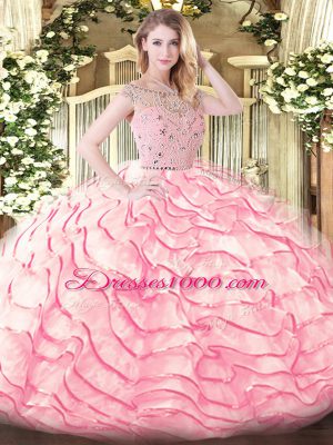 Gorgeous Baby Pink Bateau Zipper Beading and Ruffled Layers Ball Gown Prom Dress Sweep Train Sleeveless