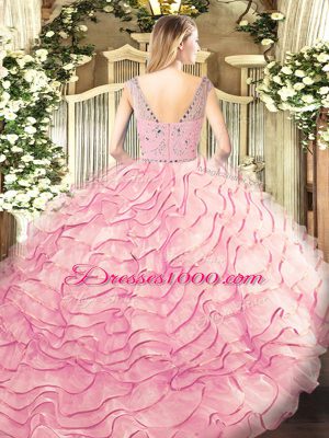 Gorgeous Baby Pink Bateau Zipper Beading and Ruffled Layers Ball Gown Prom Dress Sweep Train Sleeveless