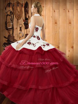 Wine Red Organza Lace Up Vestidos de Quinceanera Sleeveless Sweep Train Embroidery and Ruffled Layers