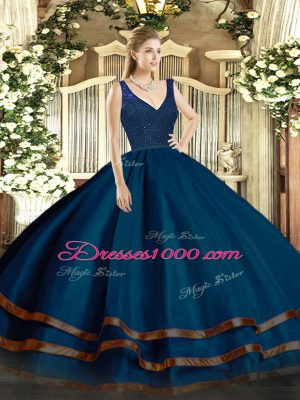 Classical Ball Gowns 15th Birthday Dress Navy Blue V-neck Organza Sleeveless Floor Length Backless