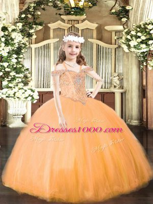 Orange Sleeveless Beading Floor Length Little Girls Pageant Dress