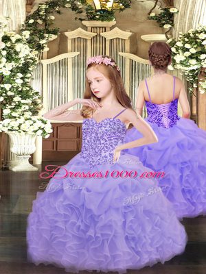 Elegant Ball Gowns Pageant Dress for Girls Lavender Spaghetti Straps Organza Sleeveless Floor Length Lace Up