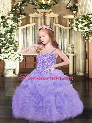 Elegant Ball Gowns Pageant Dress for Girls Lavender Spaghetti Straps Organza Sleeveless Floor Length Lace Up