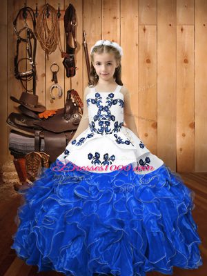 Dazzling Blue Winning Pageant Gowns Sweet 16 and Quinceanera with Embroidery and Ruffles Straps Sleeveless Lace Up