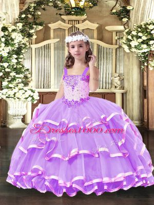 New Arrival Lilac Ball Gowns Straps Sleeveless Organza Floor Length Lace Up Beading and Ruffled Layers Party Dresses