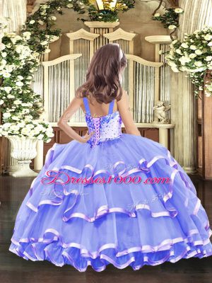 New Arrival Lilac Ball Gowns Straps Sleeveless Organza Floor Length Lace Up Beading and Ruffled Layers Party Dresses