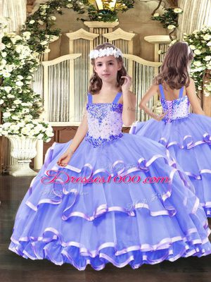 Low Price Lavender Sleeveless Floor Length Beading and Ruffled Layers Lace Up Pageant Dress for Girls